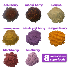Load image into Gallery viewer, 8 nutritious superfoods used to make Smoov's berry exotic blend- Acai berry, maqui berry, camu camu berry, black goji berry, red goji berry, blackberry, blueberry and lucuma. To help manage and fight stress and aging. Jam packed with antioxidants to help fight against free radicals in your body.