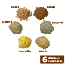 Load image into Gallery viewer, The 6 delicious and nutritious ingredients used to make Smoov's euphoric blend- cacao, carob, mesquite, maca, lucuma and coconut. To help satisfy cravings and boost mood instantly