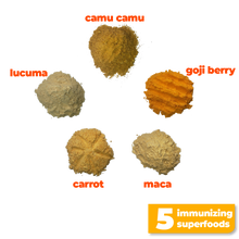 Load image into Gallery viewer, The 5 nutritious and immunizing superfoods used to make Smoov's golden blend- camu camu, goji berry, maca, lucuma and carrot. To help prevent or fight cold and flu by improving immune system function and overall health