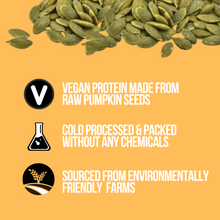 Load image into Gallery viewer, Pumpkin Seed Protein is Great for smoothing out grainy vegan protein texture! One Ingredient: Pumpkin Seeds, nothing else. No Sweeteners, No Flavours, No Additives. Micro-ground for a Smooth & creamy texture - mixes great! Nutrient-dense: 65% Protein & Omegas Increase & Protein intake to boost metabolism, promote fat burning, and overall health