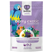 Load image into Gallery viewer, 20 servings of Smoov's berry exotic blend- Acai berry, maqui berry, camu camu berry, black goji berry, red goji berry, blackberry, blueberry and lucuma. To help manage and fight stress and aging. Jam packed with antioxidants to help fight against free radicals in your body.