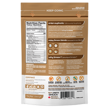 Load image into Gallery viewer, Back of euphoric blend pouch. As seen in it's nutritional information, it only contains 20 calories per serving and is packed with micronutrients. Made with fair-trade cacao and superfoods that complement it so well, let this rich blend take you to a land of chocolatey goodness. Sourced from Peru, Portugal, Ecuador and Philippines.