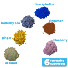 Load image into Gallery viewer, 6 nutritious and refreshing superfoods used to make Smoov's wave blend- blue spirulina, butterfly pea flower, cinnamon, coconut, ginger and blueberries. To help refresh energy levels and aid with immunity and digestion.