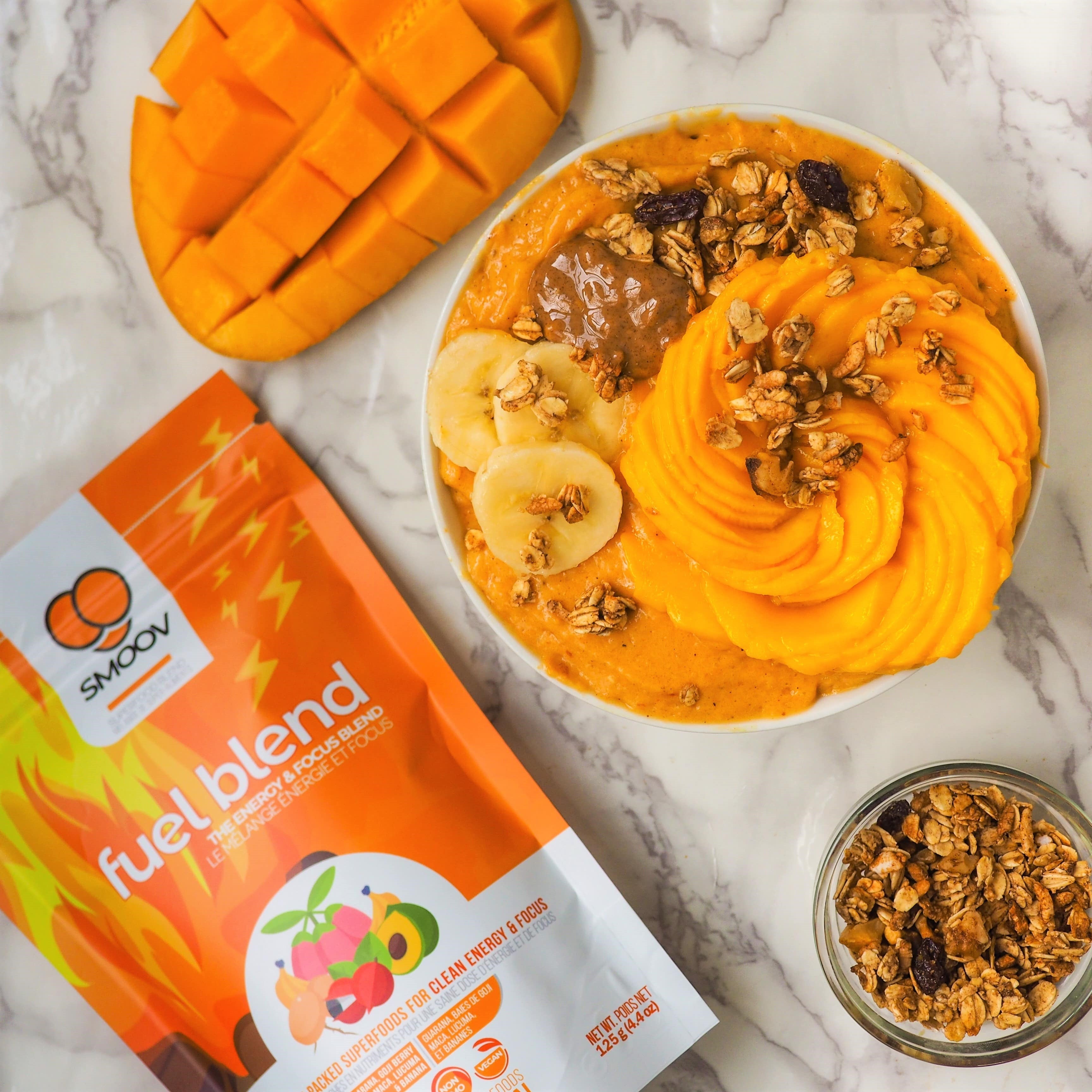 A nutritious & energizing bowl that uses a creamy mango,  pumpkin and fuel combo
