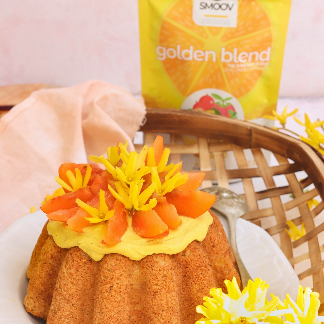 Golden Cake, a nutritious dessert recipe made using smoov golden blend. Superfoods for health and immunity