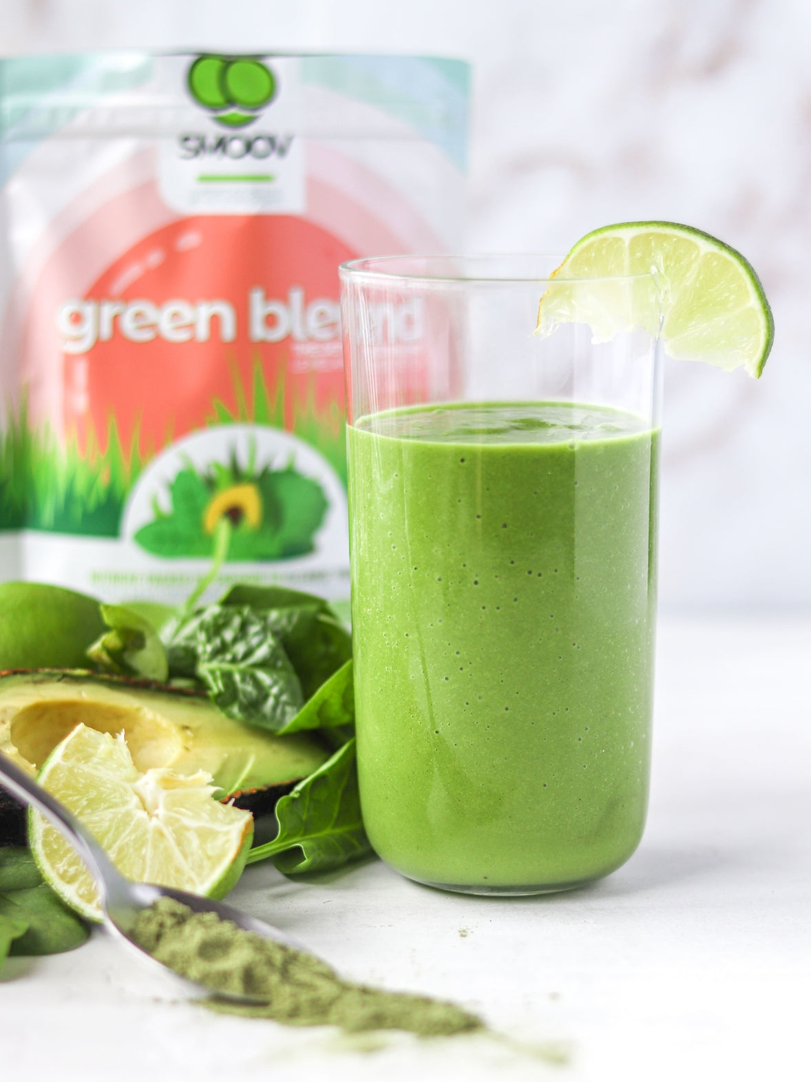 This creamy tropical smoothie is completely plant based and is banana free! It's packed with healthy fats from avocados and tons of nutrients from our green blend and fruit juices!