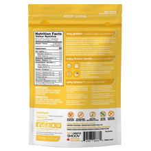 Load image into Gallery viewer, Back of golden blend pouch by Smoov Blends. Displays nutritional information, ingredients, creative description, how to use, why smoov, dietary details, storage instructions, country of origins, manufacturing information about the blend.