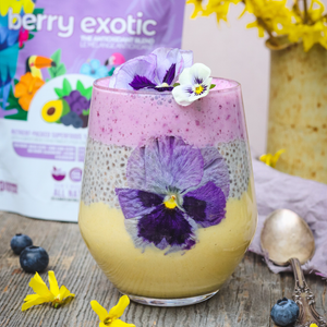 Berry breakfast pudding made using smoov berry exotic blend, yogurt and a smoothie.