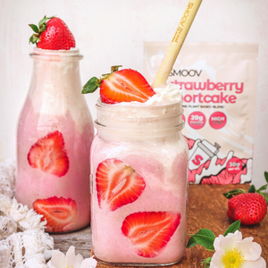High protein strawberry milkshake made using smoov all in one strawberry shortcake plant based blend
