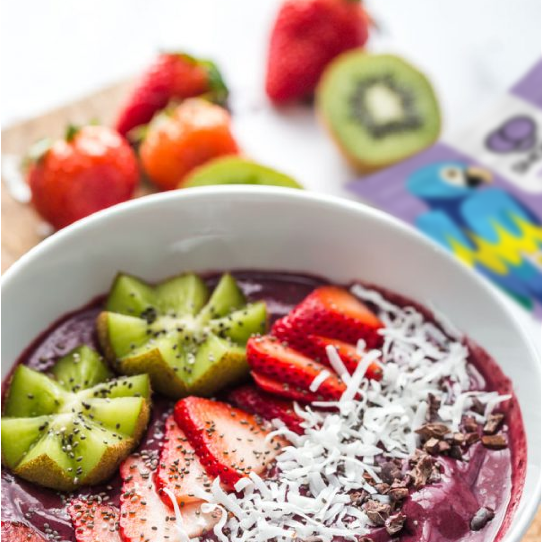 Acai Bowl made using SMOOV berry exotic blend.  Antioxidant packed for weight loss diet and destress.