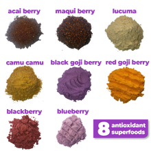 Load image into Gallery viewer, 8 nutritious superfoods used to make Smoov&#39;s berry exotic blend- Acai berry, maqui berry, camu camu berry, black goji berry, red goji berry, blackberry, blueberry and lucuma. To help manage and fight stress and aging. Jam packed with antioxidants to help fight against free radicals in your body.