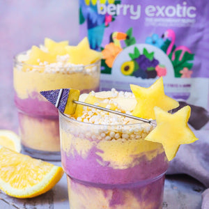 Healthy breakfast pudding or dessert made using smoov berry exotic blend.