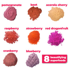 Load image into Gallery viewer, 8 nutritious and bautifying ingredients used to make Smoov&#39;s blush blend- pomegranate, red dragonfruit (pink pitaya), acerola cherry, red beet, strawberry, raspberry, cranberry and blueberry. To improve skin, hair and heart health. nutrients and antioxidants to help with growth, development and repair of all body tissue.