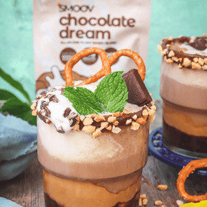 Healthy chocolate milkshake made using smoov all in one chocolate dream blend shake or meal replacement - vegan friendly.