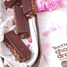 Load image into Gallery viewer, Healthy chocolate protein bars snack bites made using smoov all in one chocolate dream blend shake or meal replacement - vegan friendly.