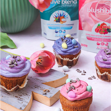 Load image into Gallery viewer, Easter cupcakes made using smoov superfood blends and powders. Packed with antioxidants for health &amp; wellness. Keto Friendly