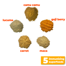 Load image into Gallery viewer, The 5 nutritious and immunizing superfoods used to make Smoov&#39;s golden blend- camu camu, goji berry, maca, lucuma and carrot. To help prevent or fight cold and flu by improving immune system function and overall health