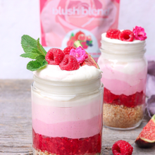 Load image into Gallery viewer, Plant based Vibrant raspberry cheesecake jars made using smoov blush blend.. Your daily antioxidants for beautiful skin, hair and heart health.