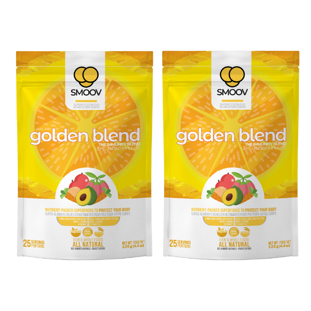 Two 25 servings of Smoov's golden blend. Made with camu camu, goji berry, maca, lucuma and carrot. To help prevent or fight cold and flu by improving immune system function and overall health.