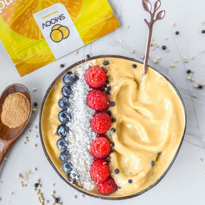 Immunity smoothie bowl made using smoov superfood blends and powders. Packed with antioxidants for health & wellness. Keto Friendly