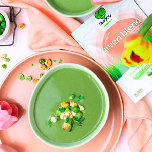 Green Pea Soup made using smoov superfood blends and powders. Packed with antioxidants for health & wellness. Keto Friendly