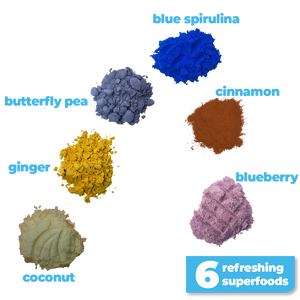 6 nutritious and refreshing superfoods used to make Smoov's wave blend- blue spirulina, butterfly pea flower, cinnamon, coconut, ginger and blueberries. To help refresh energy levels and aid with immunity and digestion.